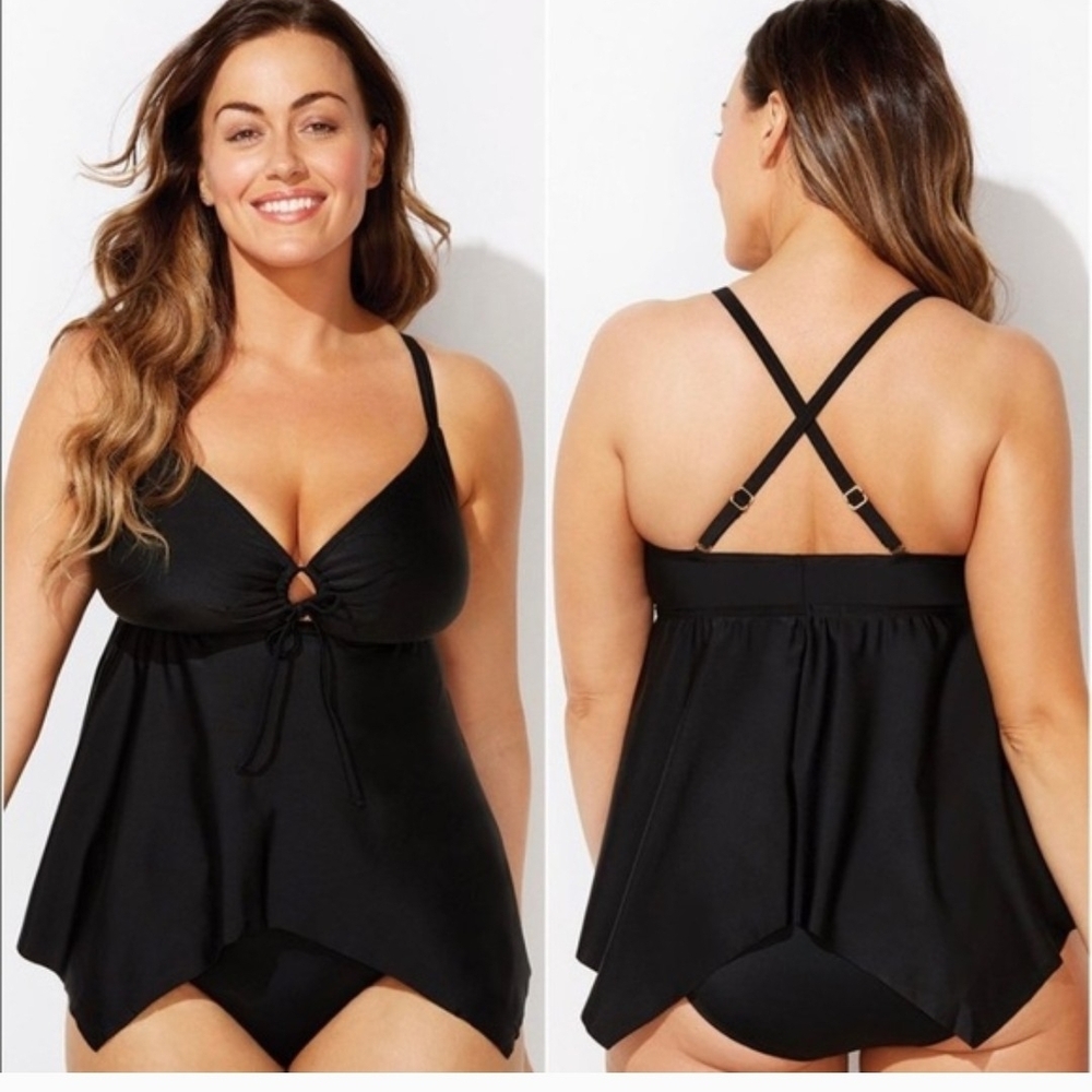 Women's Black Keyhole Hankerchief Swimming Tankini (Top Only)